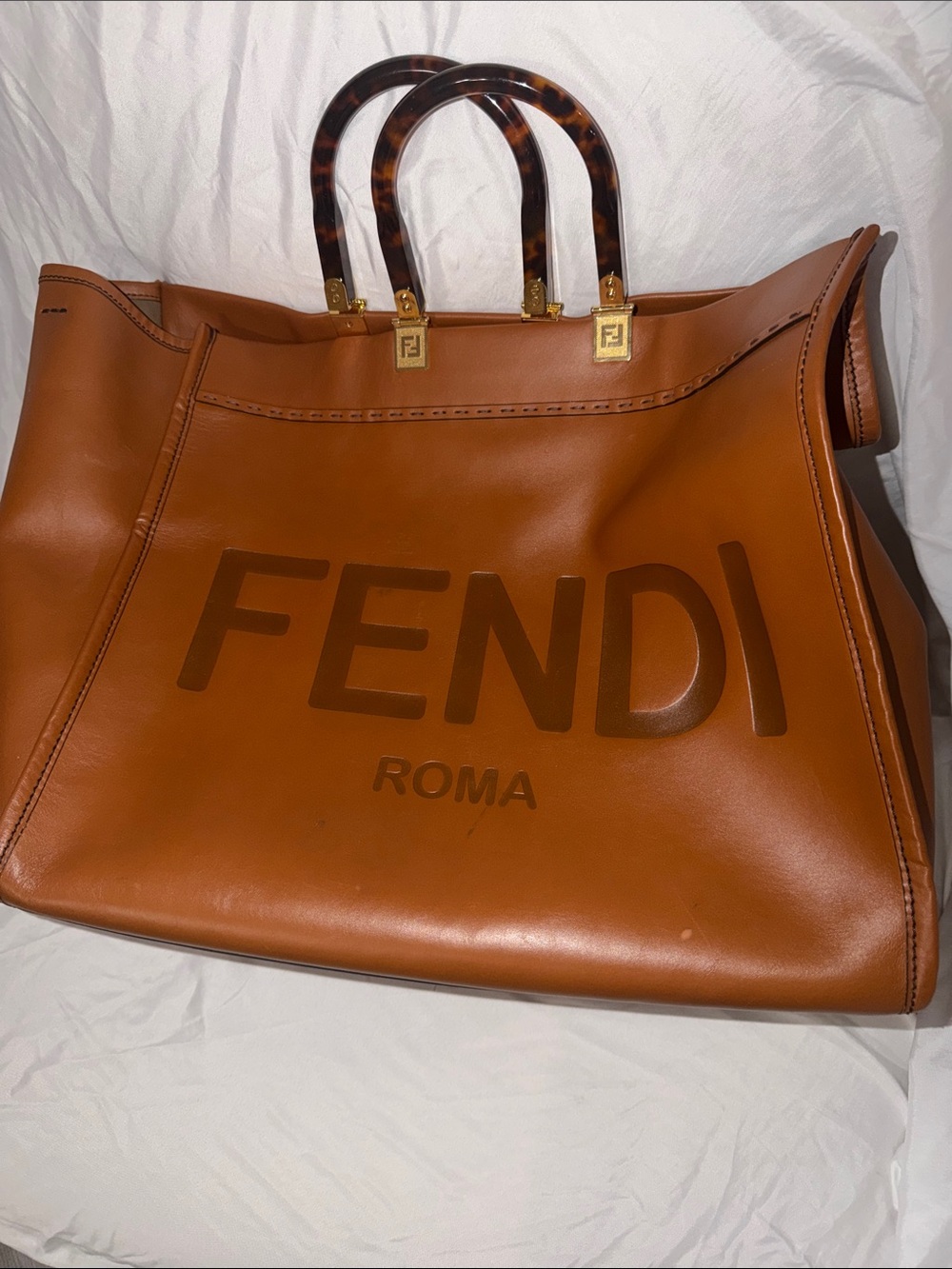 Fendi Cognac Leather ROMA Tote with Tortoiseshell Handles